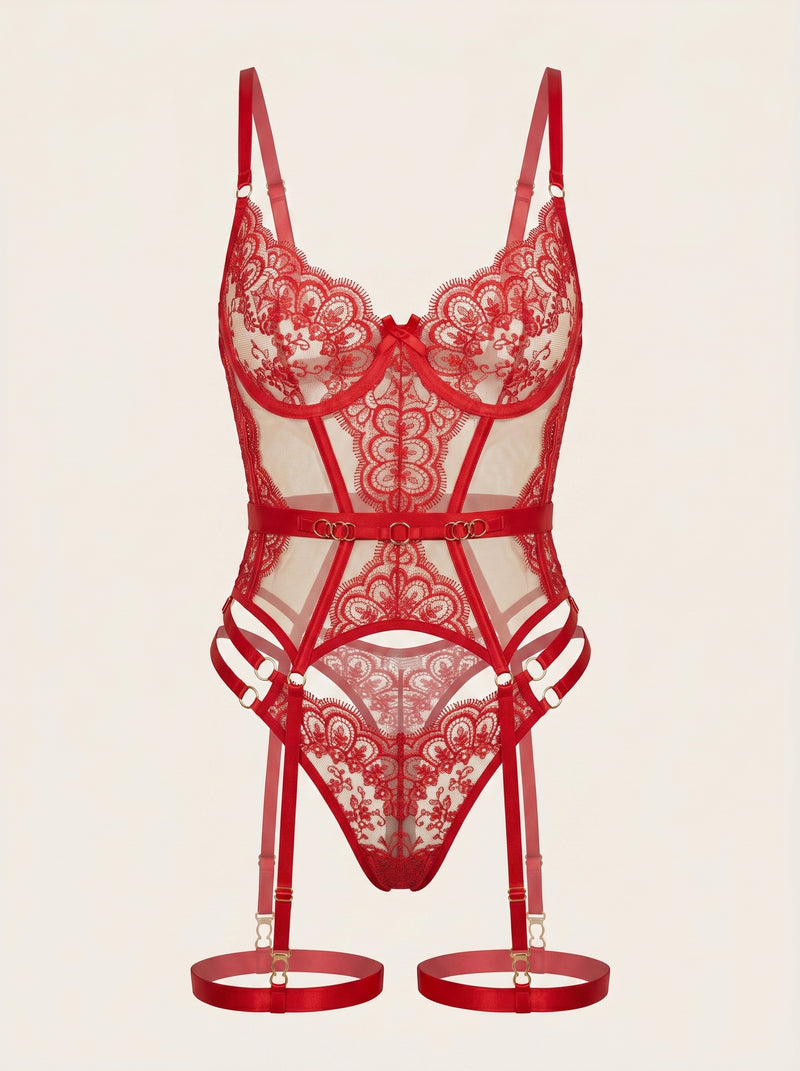Strappy Red Lace Bodysuit with Sheer Cutout Design