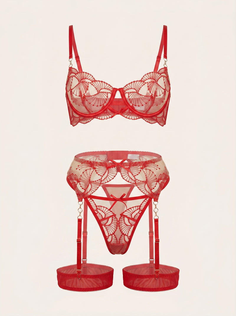 Strappy Red Lace Lingerie Set with Scalloped Edges