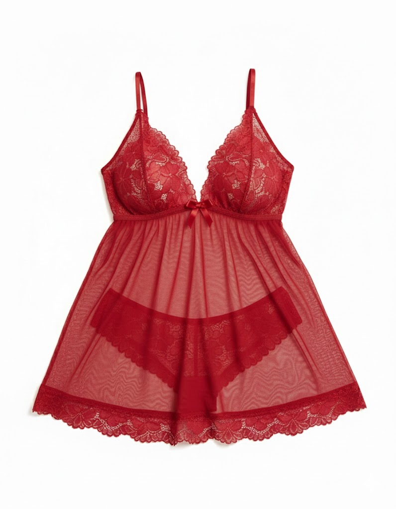 Strappy Red Lace Lingerie Set with Sheer Design-Lingerie Set-Bellascena-bellascena
