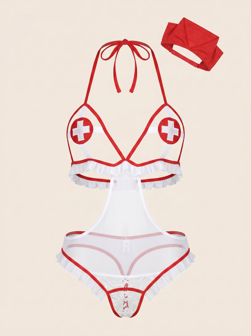 Strappy Red and White Mesh Bodysuit with Ruffle Detail