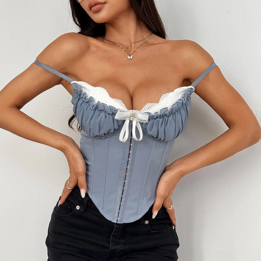 Strappy Steel Blue Cotton Bodysuit with Cutout Ruffle Design-Bodysuit-Bellascena-bellascena