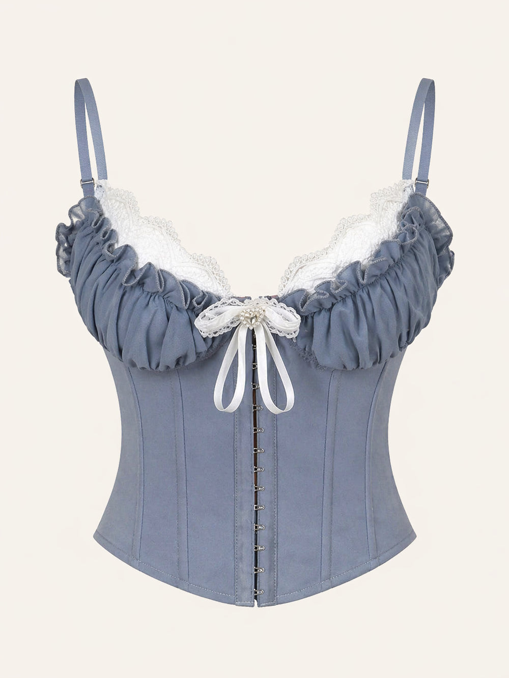 Corsetto in cotone blu acciaio con scollo arricciato