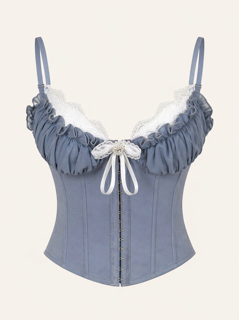 Strappy Steel Blue Cotton Bodysuit with Cutout Ruffle Design