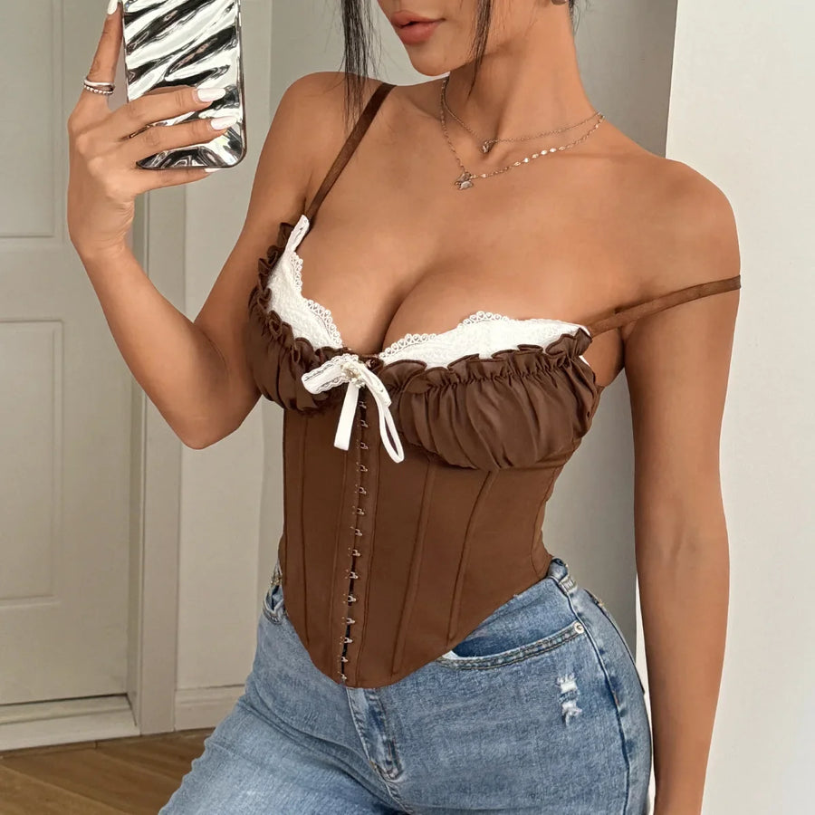 Strappy Steel Blue Cotton Bodysuit with Cutout Ruffle Design-Bodysuit-Bellascena-Brown-S-bellascena