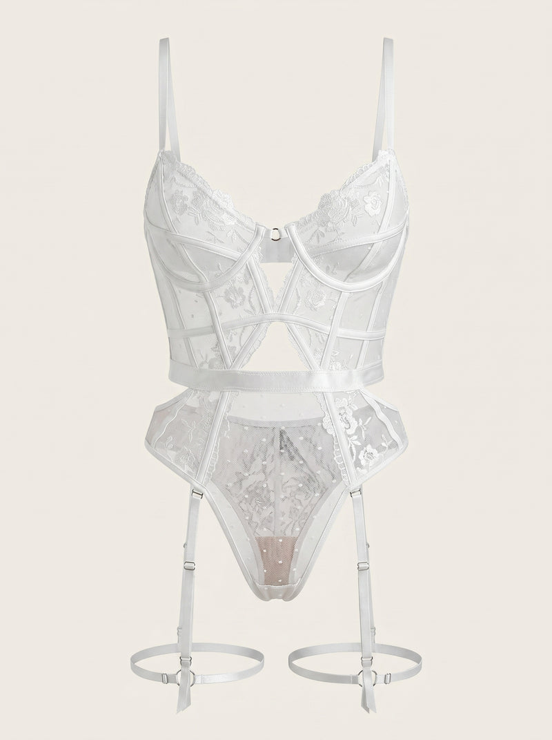Strappy White Floral Mesh Bodysuit with Cutout Design