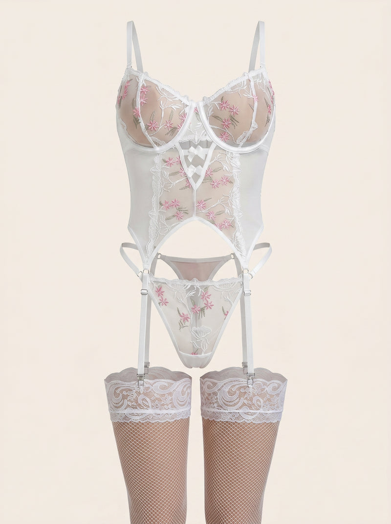 Strappy White Floral Sheer Mesh Bodysuit with Embroidery