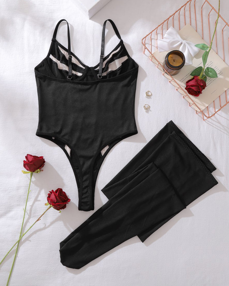 Striped Black and Nude Mesh Bodysuit with Strappy Details-Bodysuit-Bellascena-bellascena