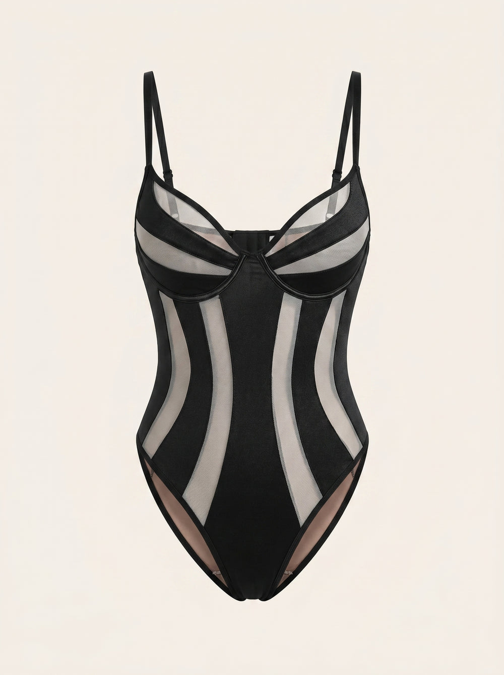 Body in tulle a righe nero e color nudo con dettagli a spalline