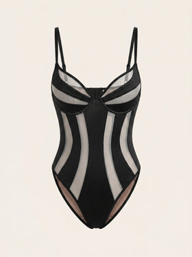 Striped Black and Nude Mesh Bodysuit with Strappy Details-Bodysuit-Bellascena-bellascena