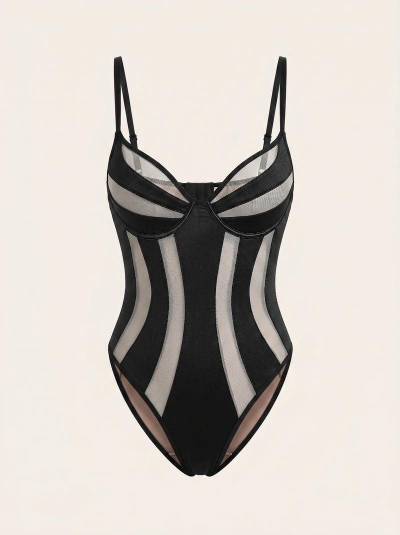 Striped Black and Nude Mesh Bodysuit with Strappy Details