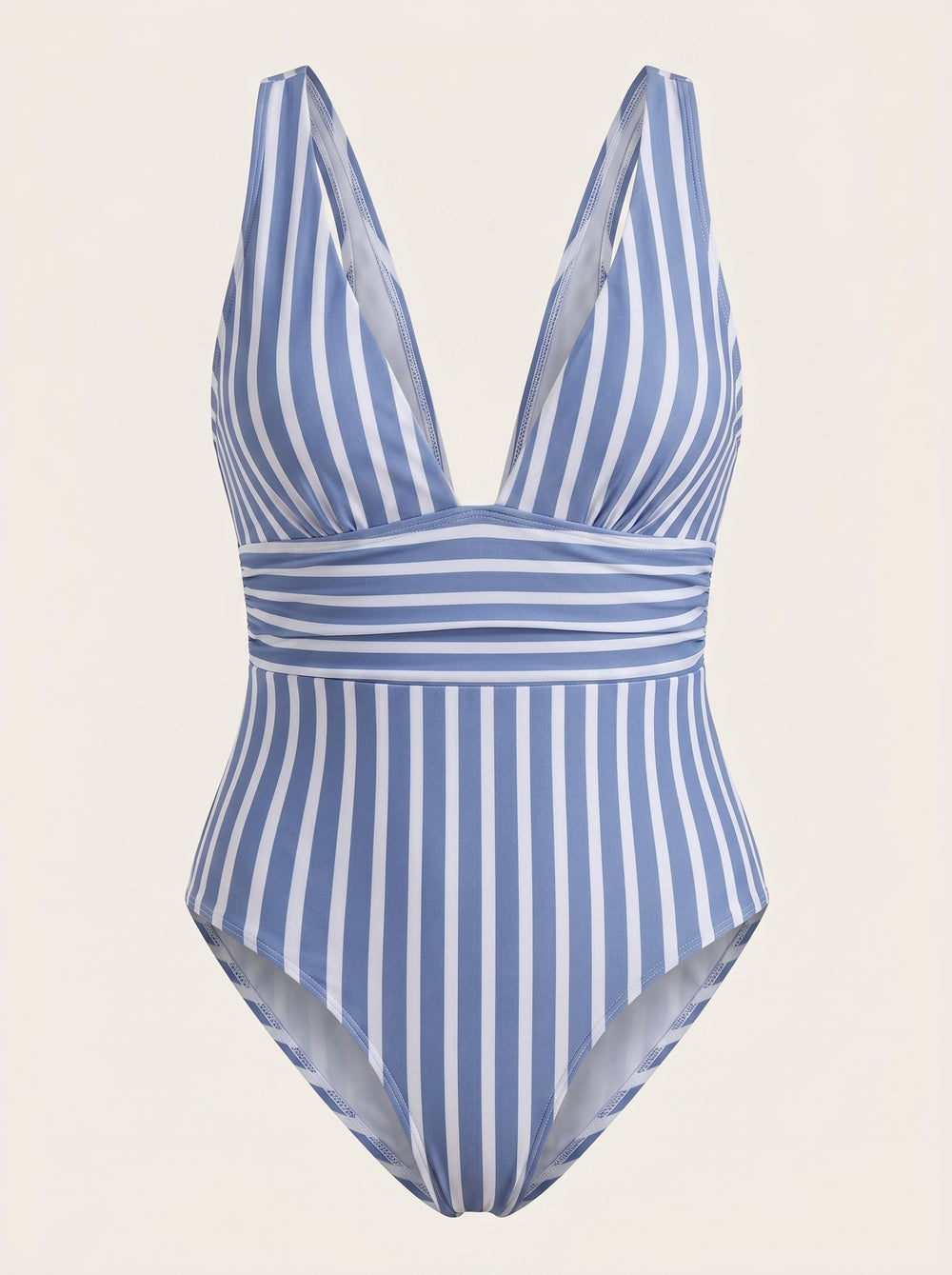 Costume da bagno in raso blu e bianco a righe con scollatura profonda