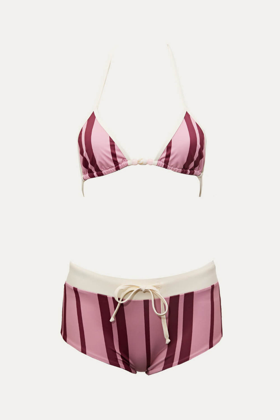 Striped Pink and Maroon Polyester Swimwear Set with Bead Detail-One-Piece Swimsuit-Bellascena-bellascena