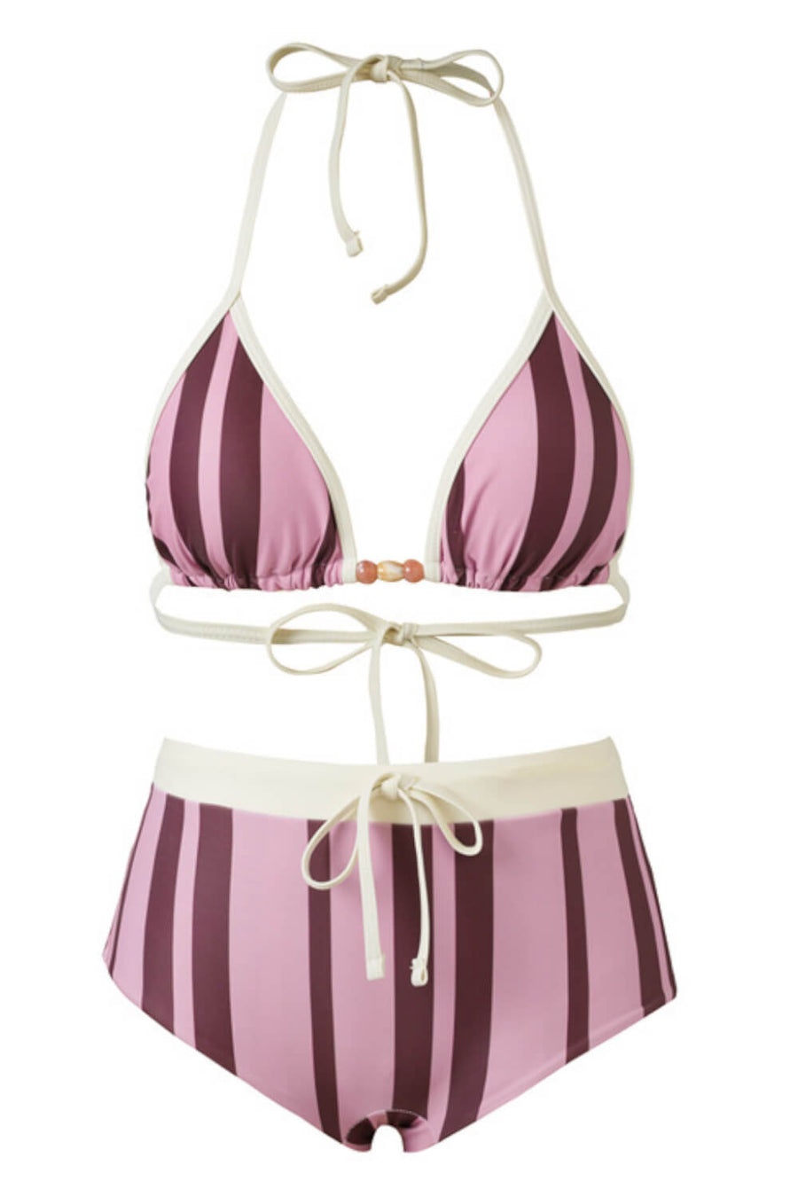 Striped Pink and Maroon Polyester Swimwear Set with Bead Detail-One-Piece Swimsuit-Bellascena-bellascena