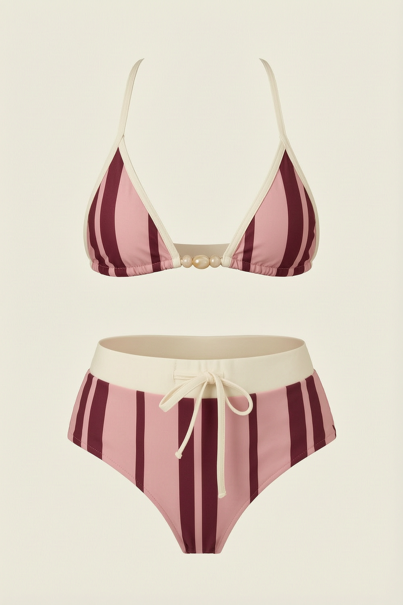 Set da bagno in poliestere rosa e bordeaux a righe con dettagli con perline