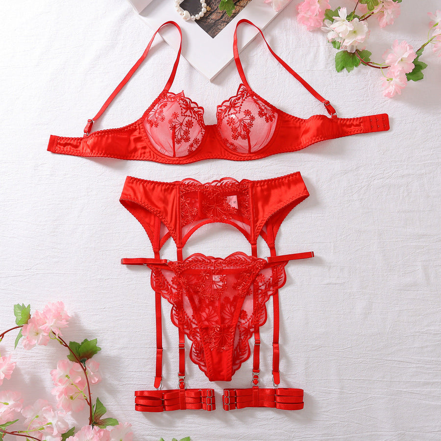 Teal Floral Embroidered Mesh Lingerie Set with Strappy Detail-Lingerie Set-Bellascena-Red-S-bellascena