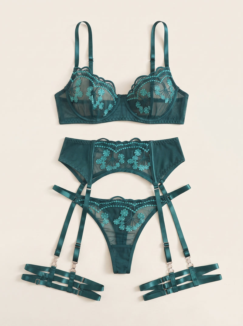 Completo lingerie in rete ricamata con fiori verde petrolio e dettaglio con spalline