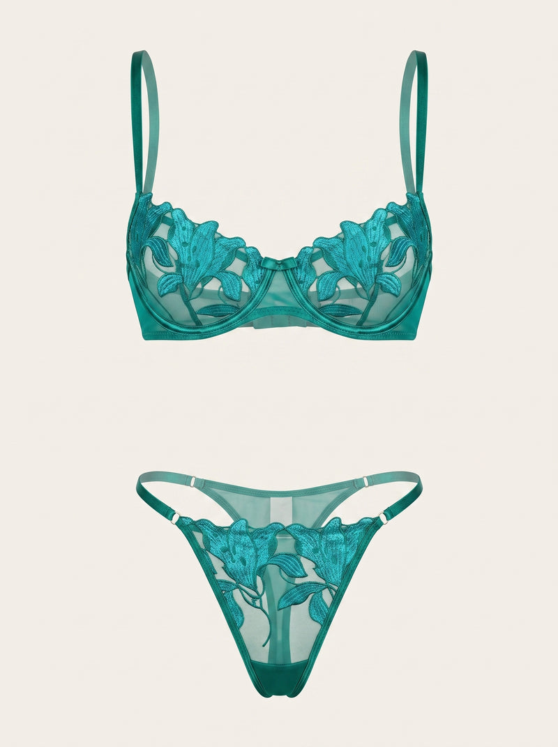 Teal Floral Embroidery Lingerie Set with Strappy Details