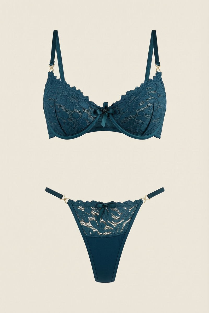 Teal Lace Lingerie Set with Bow Detail
