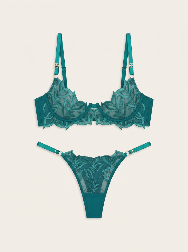 Set di lingerie in pizzo verde petrolio con dettaglio con strappy