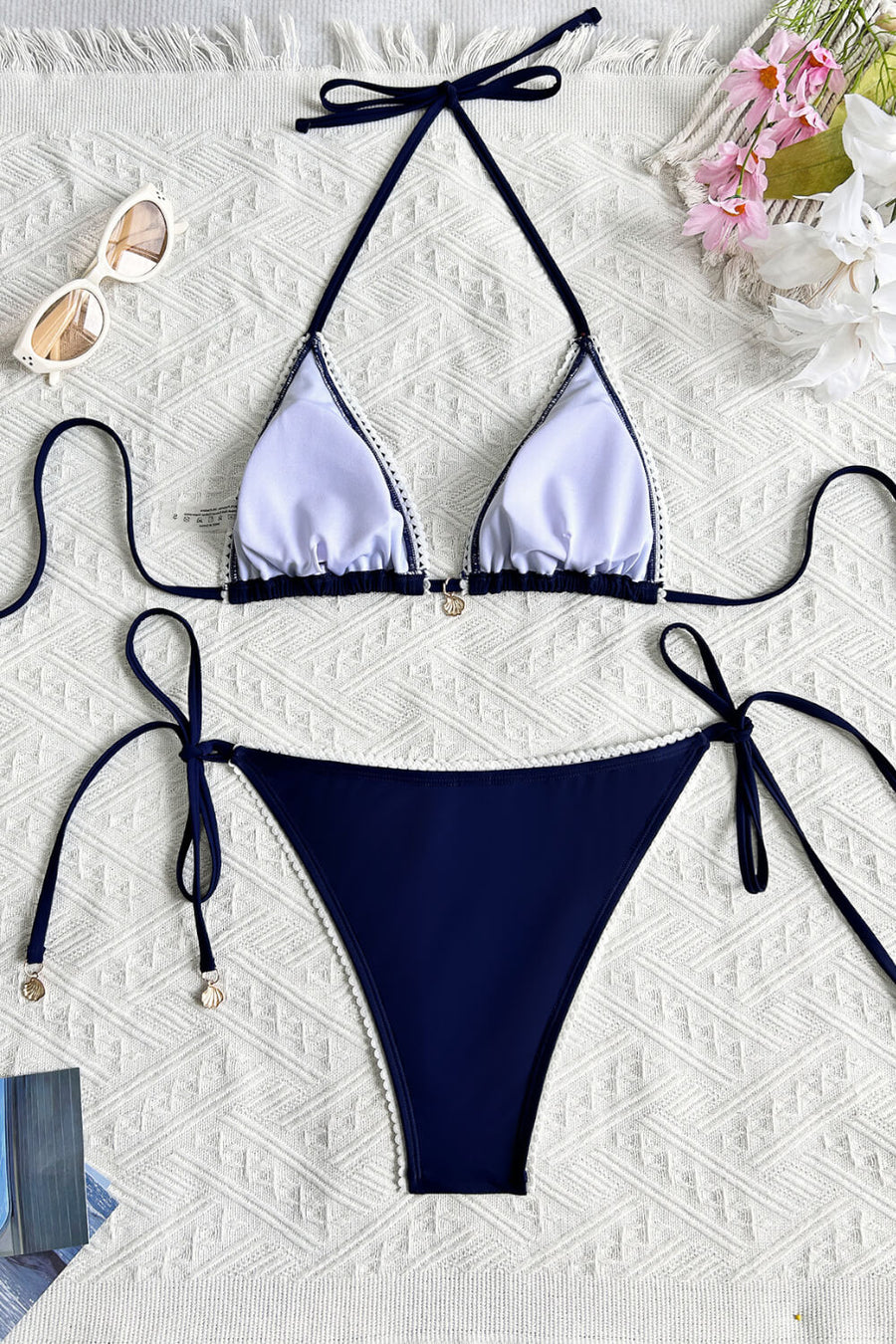 Triangle Tie Side Navy Blue Satin Bikini Set with Contrast-Bikini Set-Bellascena-bellascena