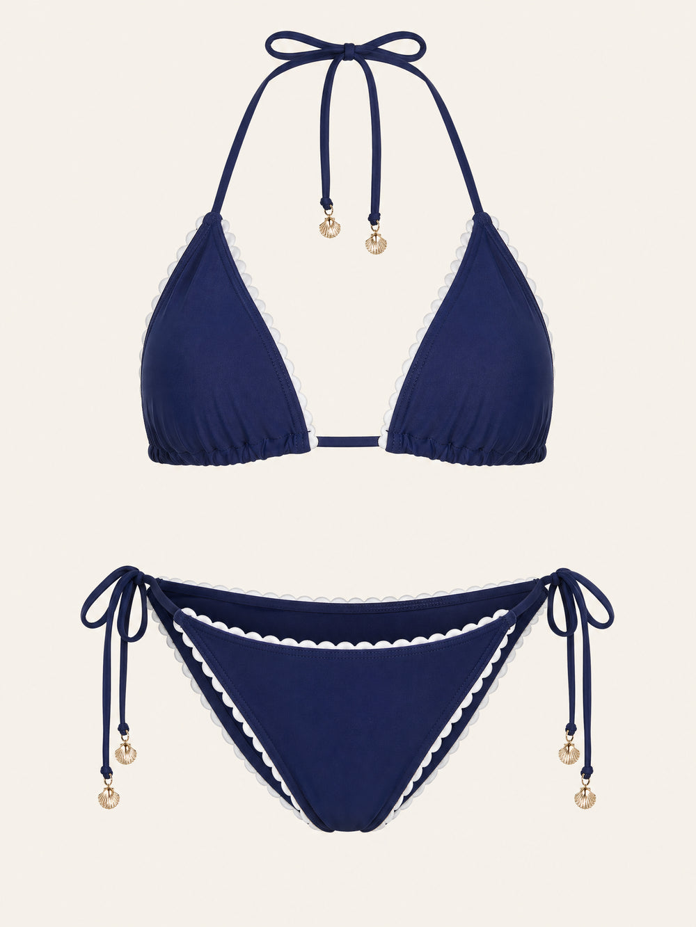 Set bikini in raso blu navy a triangolo con laccetti laterali e contrasto