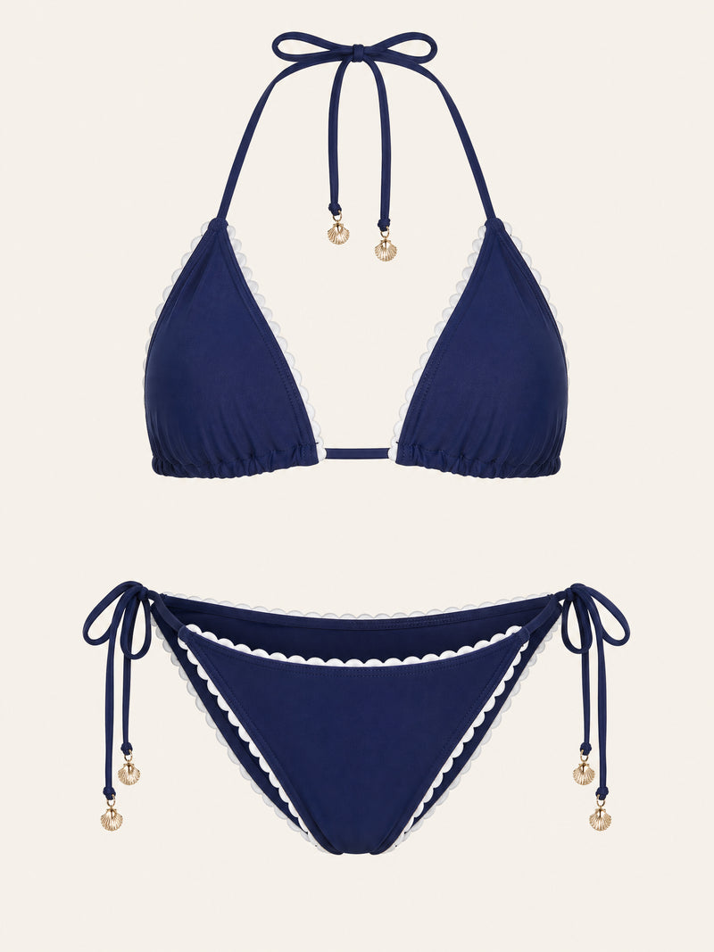Triangle Tie Side Navy Blue Satin Bikini Set with Contrast