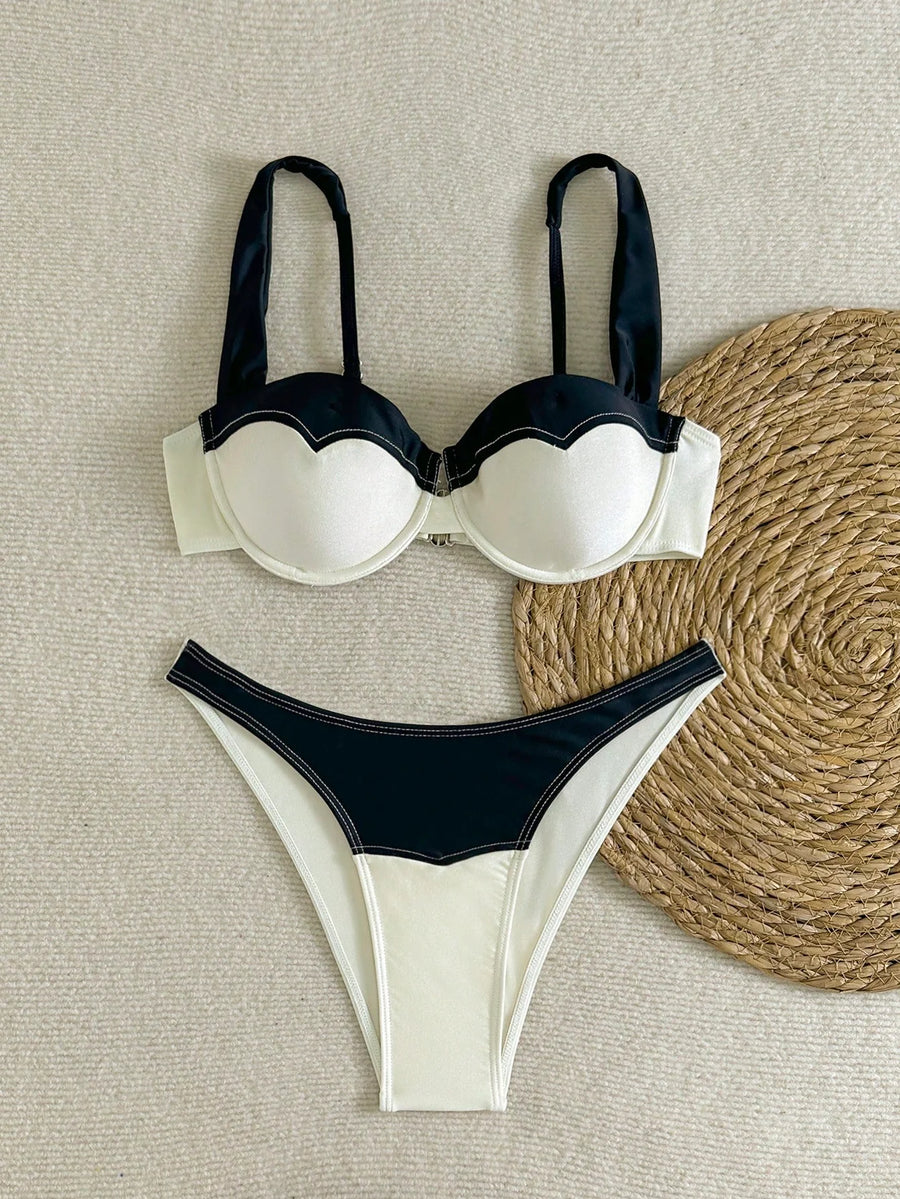 Underwired Black and Ivory Satin Bodysuit with Strappy Detail-Bodysuit-Bellascena-bellascena