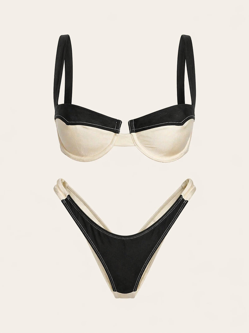 Underwired Black and Ivory Satin Bodysuit with Strappy Detail