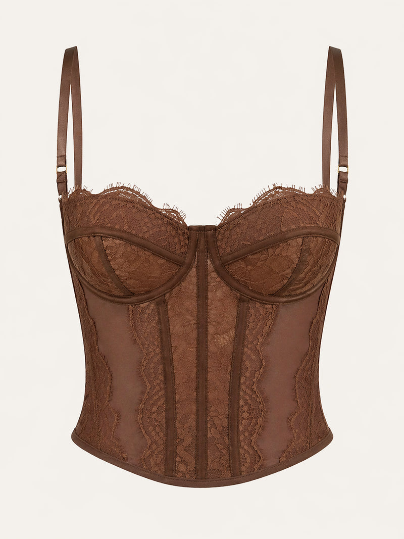 Underwired Brown Lace Bodysuit with Strappy Elegance