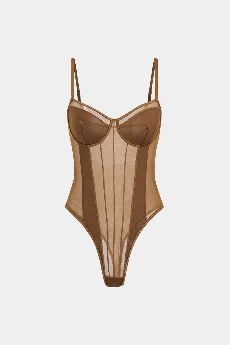 Underwired Brown Mesh Bodysuit with Adjustable Straps-Bodysuit-Bellascena-bellascena