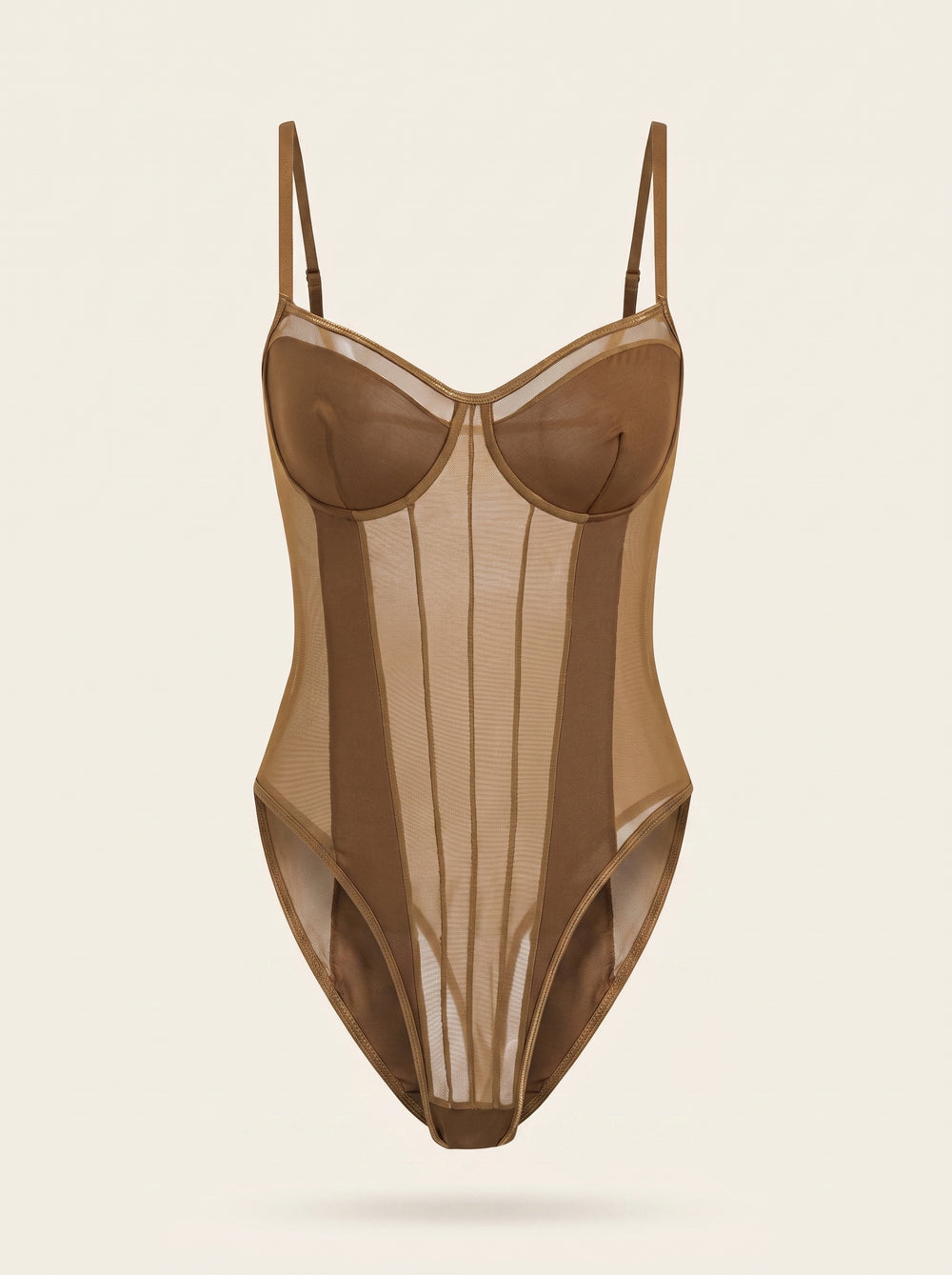 Underwired Brown Mesh Bodysuit with Adjustable Straps