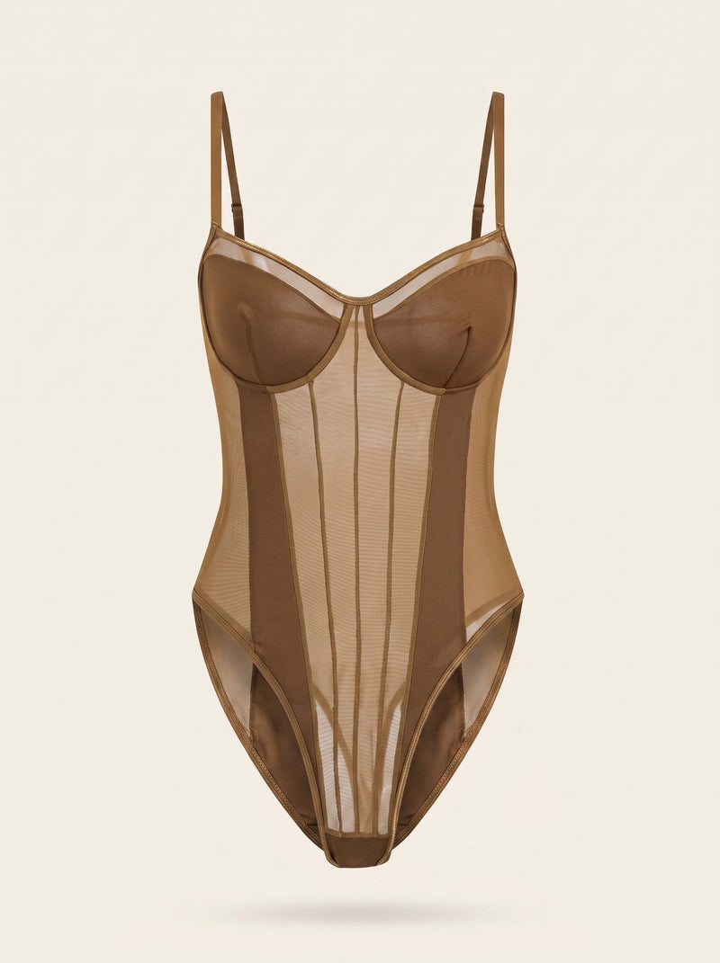 Underwired Brown Mesh Bodysuit with Adjustable Straps
