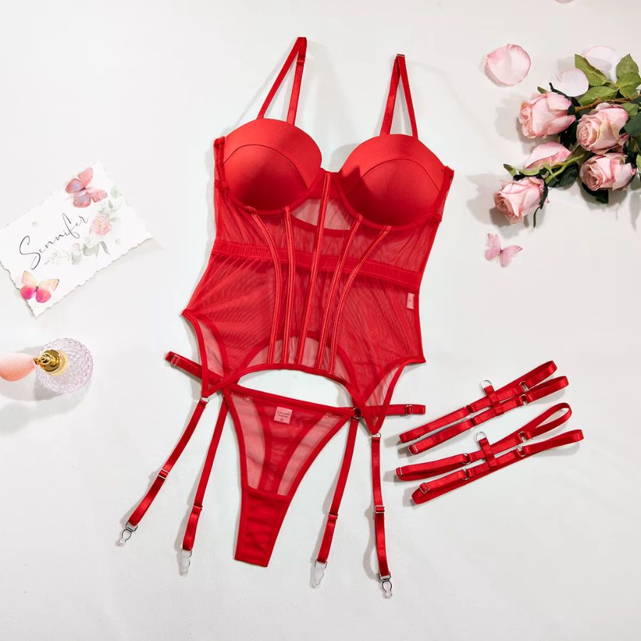 Underwired Red Mesh Bodysuit with Strappy Detail-Bodysuit-Bellascena-bellascena