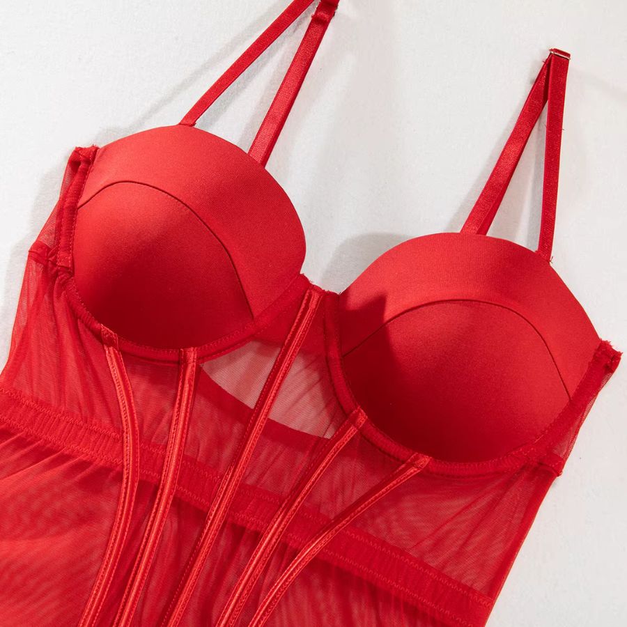 Underwired Red Mesh Bodysuit with Strappy Detail-Bodysuit-Bellascena-bellascena