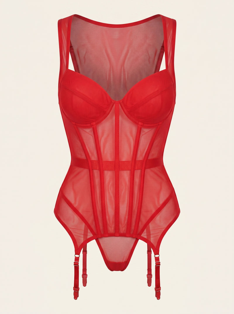 Underwired Red Mesh Bodysuit with Strappy Detail
