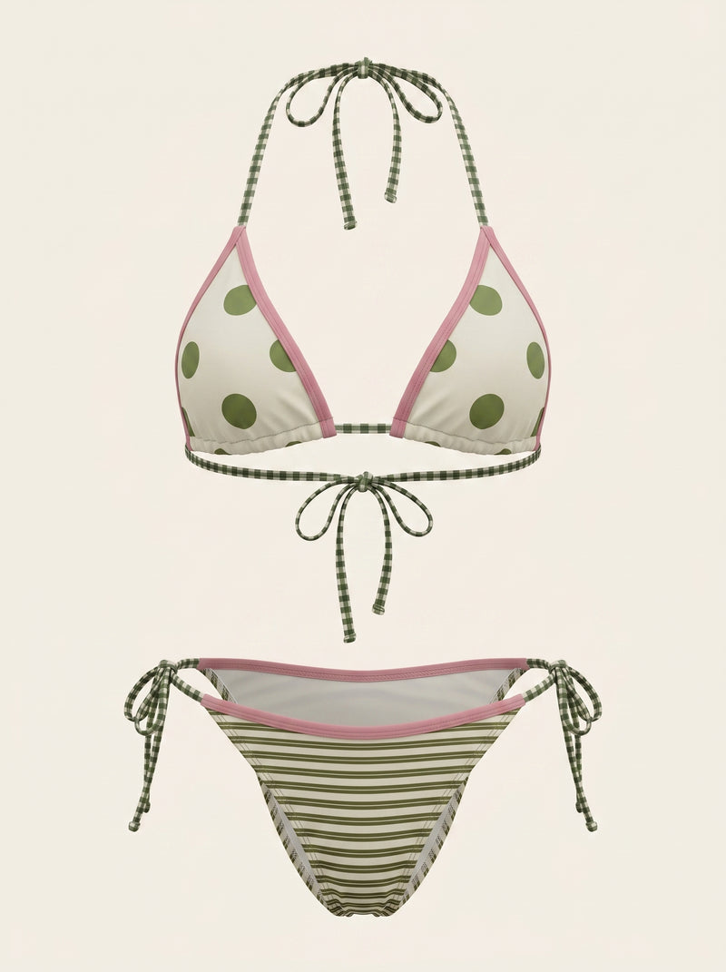 Bikini vif en polyester vert à pois et rayures avec dos nu et liens sur les côtés