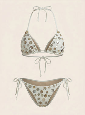 White Button Embellished Synthetic Swimwear with Halterneck-Bikini Set-Bellascena-S-White-bellascena
