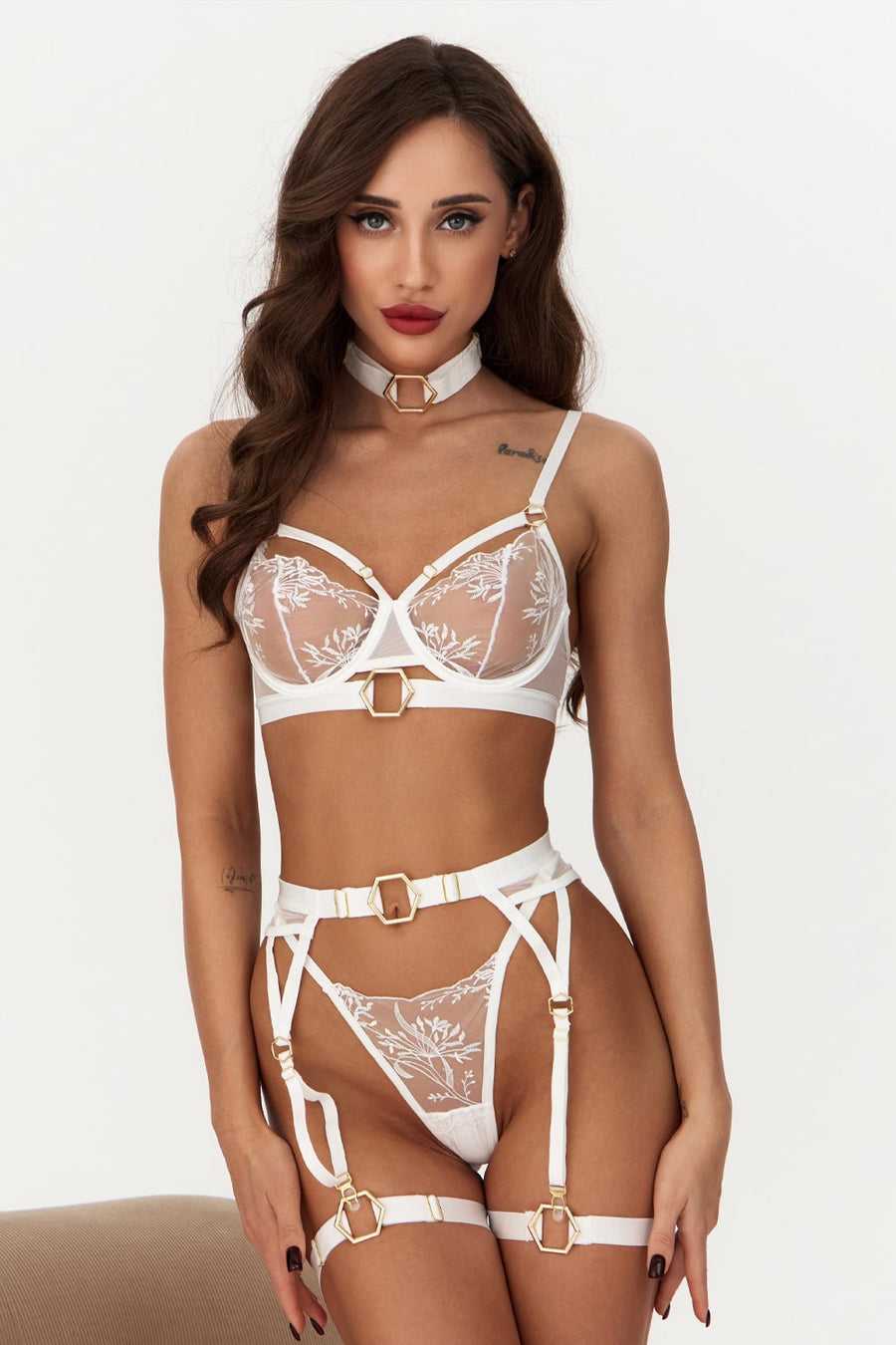 White Floral Embroidered Mesh Bodysuit with Gold Ring Detail-Bodysuit-Bellascena-bellascena
