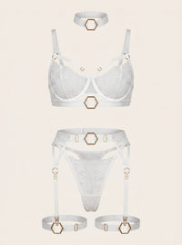 White Floral Embroidered Mesh Lingerie Set with Garter Belt and Gold Ring Detail