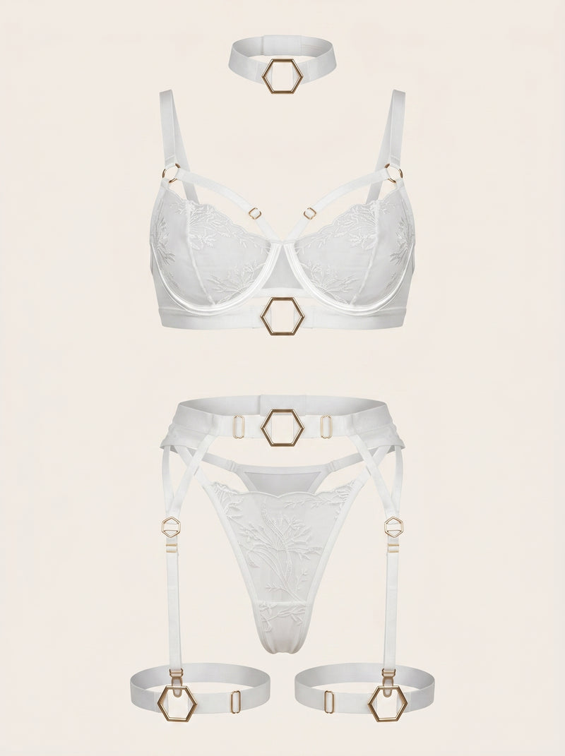 White Floral Embroidered Mesh Bodysuit with Gold Ring Detail