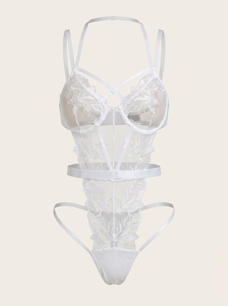 White Floral Embroidered Mesh Bodysuit with Strappy Detail