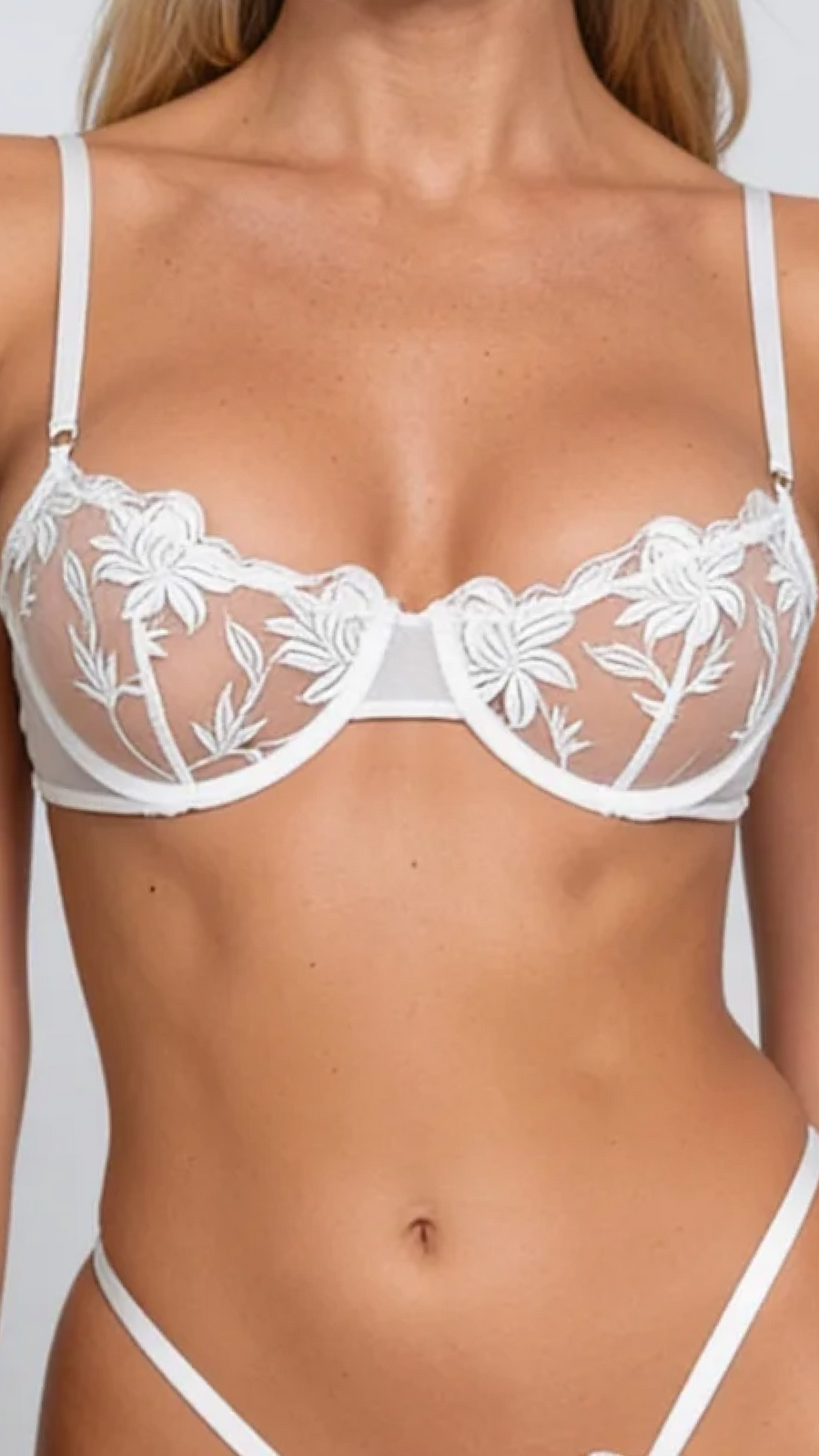 White Floral Embroidered Mesh Lingerie Set with Strappy Details-Lingerie Set-Bellascena-bellascena