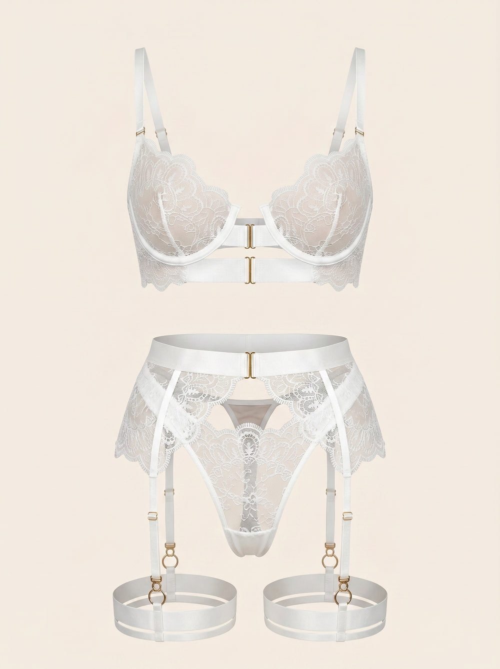 Weißes Spitzen-Dessous-Set mit Strumpfhaltern