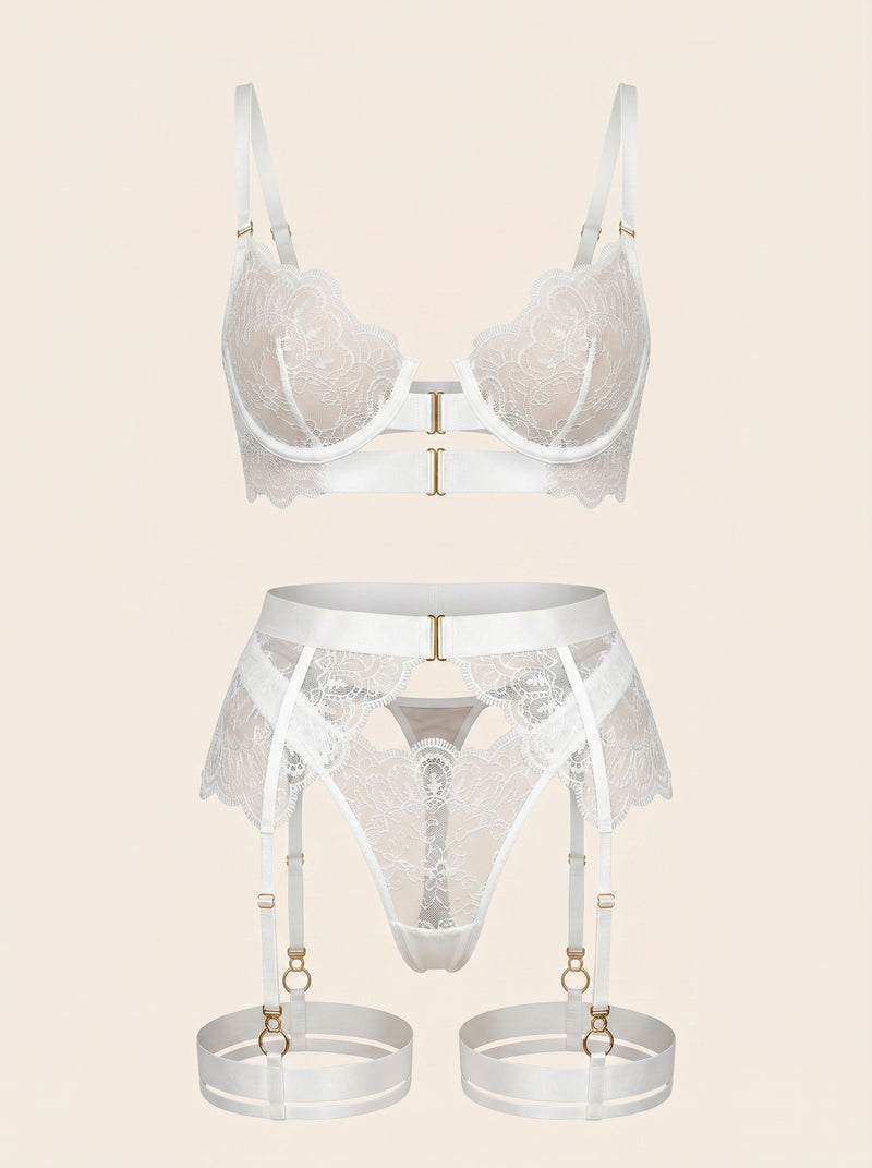 Set di lingerie in pizzo bianco con reggicalze