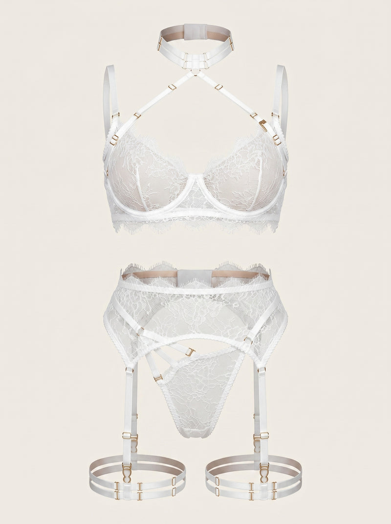 White Lace Lingerie Set with Sheer Strappy Details