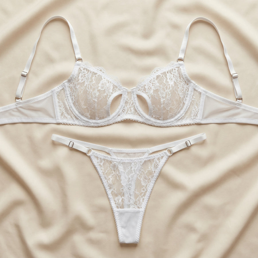 White Lace Lingerie Set with Strappy Sheer Detail-Lingerie Set-Bellascena-bellascena