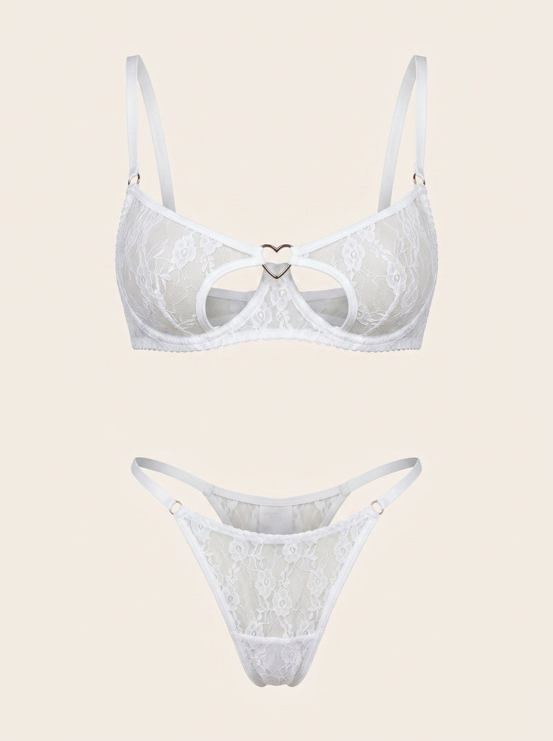 White Lace Lingerie Set with Strappy Sheer Detail