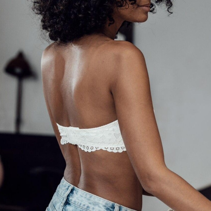 White Lace Strapless Bra with Sheer Scalloped Edges-Bra-Bellascena-bellascena