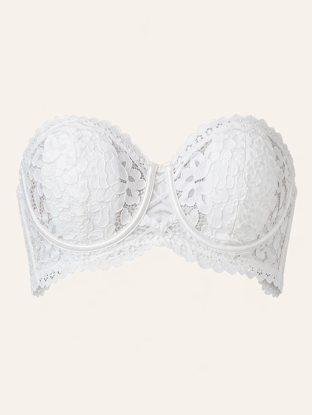 Reggiseno bianco in pizzo senza spalline con bordi trasparenti smerlati