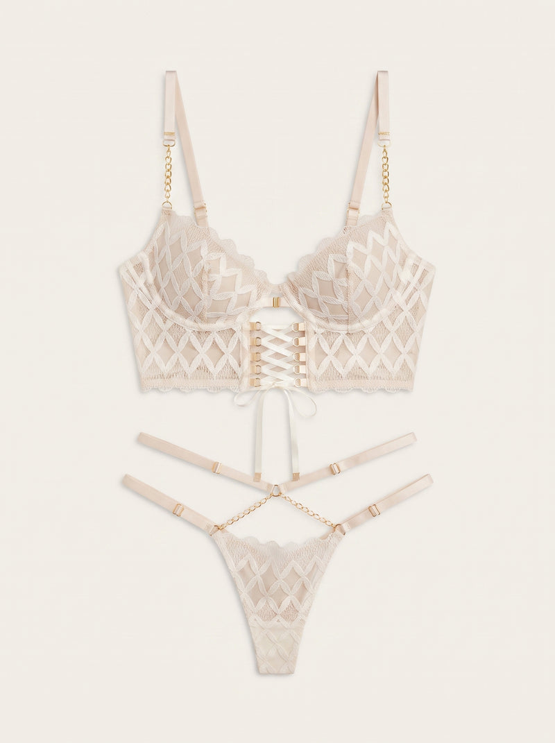 White Lattice Lace Bodysuit with Strappy Sheer Details